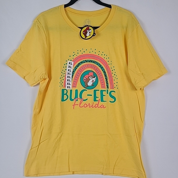 NWT Buc-ee's Florida "Beaver Leopard Rainbow' T-shirt Yellow Sz XL - Picture 1 of 4